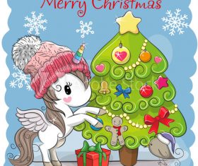 Unicorn and christmas tree cartoon vector