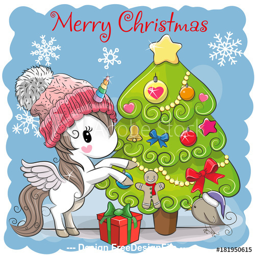 Unicorn and christmas tree cartoon vector