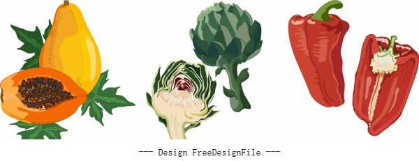 Vegetables fruits icons colored classical flat handdrawn vector