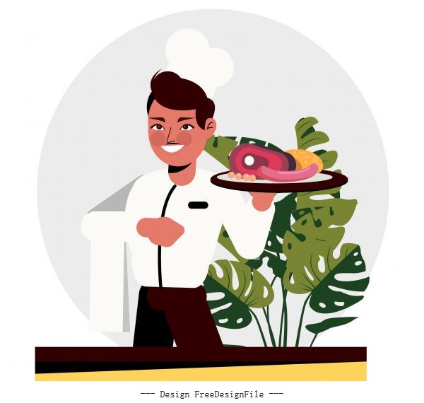 Waiter man food cartoon character vector free download