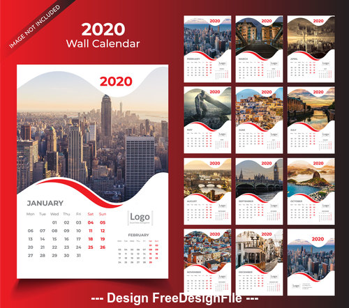 Wall calendar 2020 red template vector