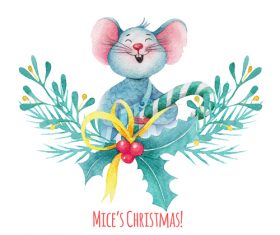 Watercolor illustrations rat new year card vector