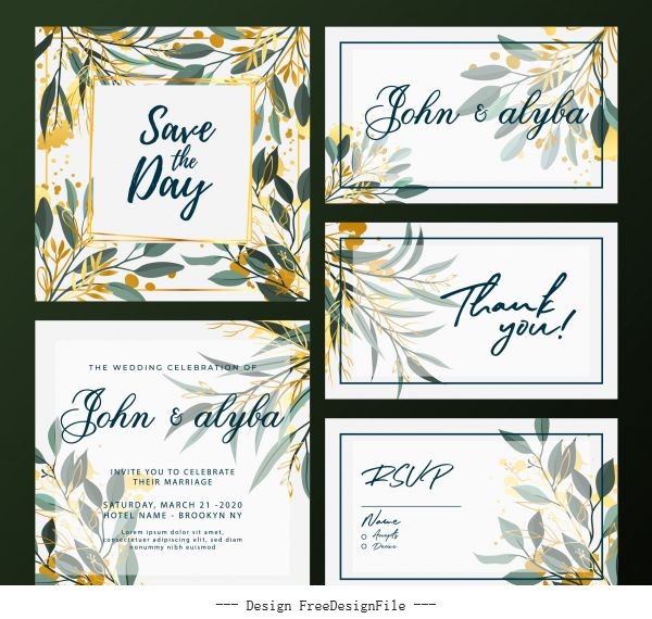 Wedding card templates elegant colorful flora decor vector