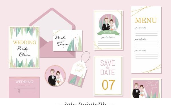 Wedding templates bride groom decor colorful romance vector