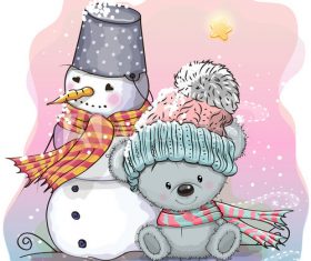 Winter outdoor bear and snowman cartoon vector
