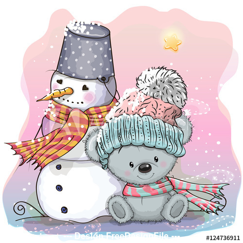 Winter outdoor bear and snowman cartoon vector