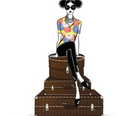 Woman sitting on suitcase vector