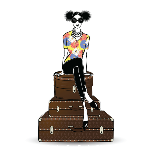 Woman sitting on suitcase vector