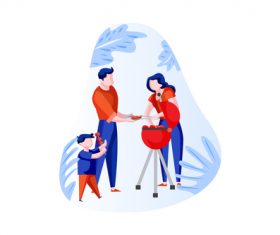 family BBQ cartoon vector