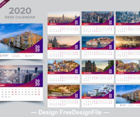 2020 Desk calendar template purple vector design