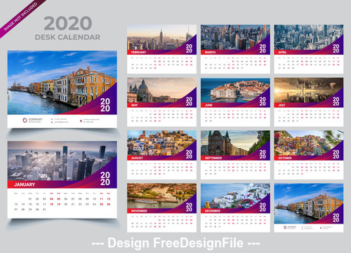 2020 Desk calendar template purple vector design