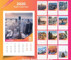 2020 Wall calendar template pink with orange vector design