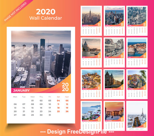 2020 Wall calendar template pink with orange vector design