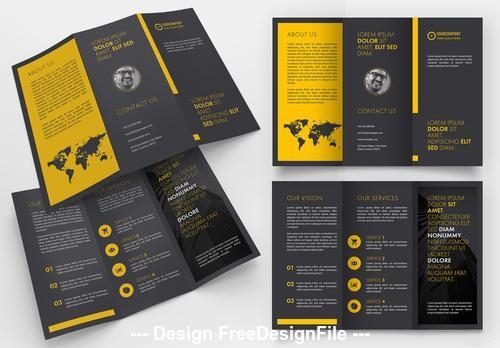 Black trifold brochure layout with yellow vector