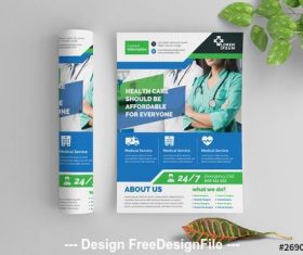 Blue and green health care flyer with graphic icons vector