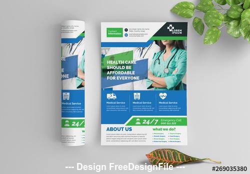 Blue and green health care flyer with graphic icons vector