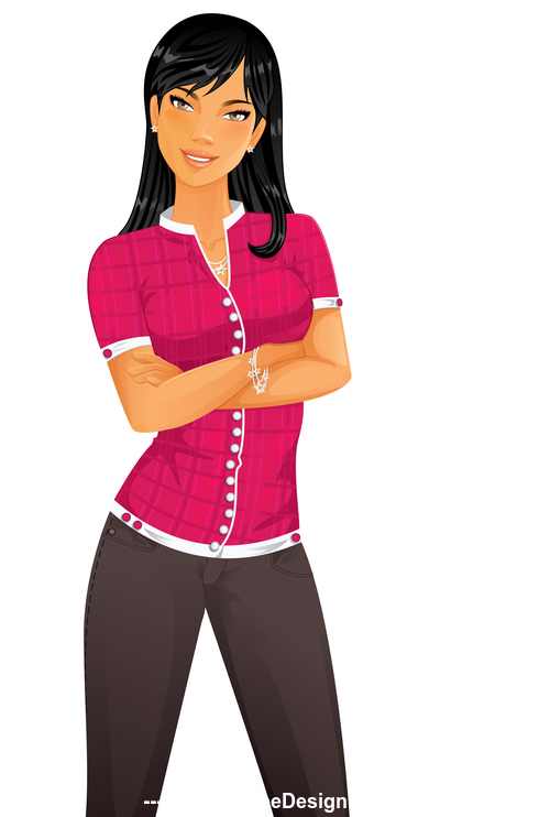 Brunette red plaid shirt girl cartoon vector