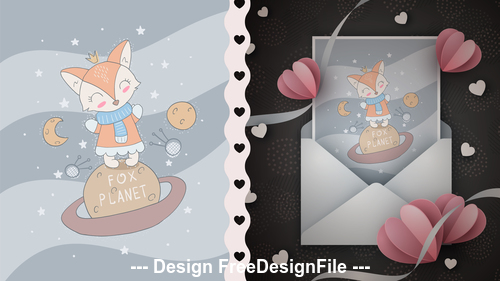 Cartoon fox and t-shirt design card vector