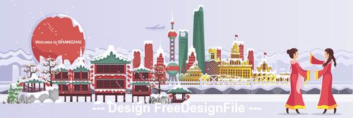 China Shanghai cityscape cartoon illustration vector