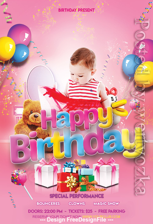 Cute baby happy birthday flyer psd template