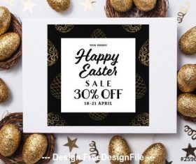 Easter sale banner with gold patterned eggs vector