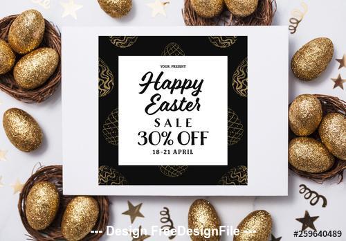 Easter sale banner with gold patterned eggs vector
