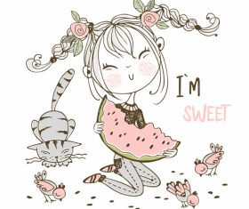 Eating watermelon girl and cat and chick cartoon illustration vector