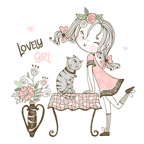 Girl and beloved pet cartoon illustration vector