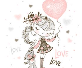 Girl holding love balloon cartoon illustration vector