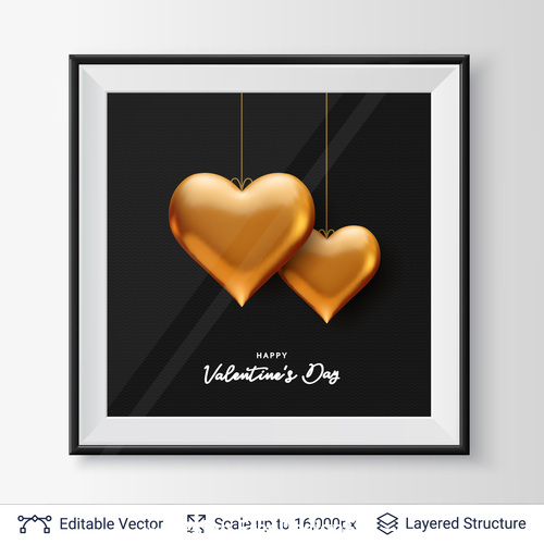 Golden heart valentines day greeting card vector