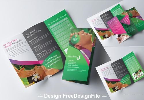 Green tri fold brochure layout with pink vector