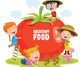 Kids and huge tomatoes vector