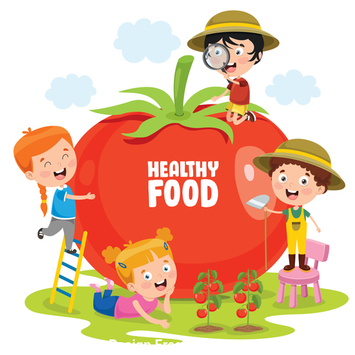 Kids and huge tomatoes vector
