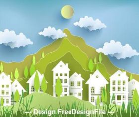 Mountain and building silhouette card vector