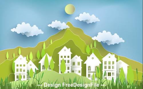 Mountain and building silhouette card vector