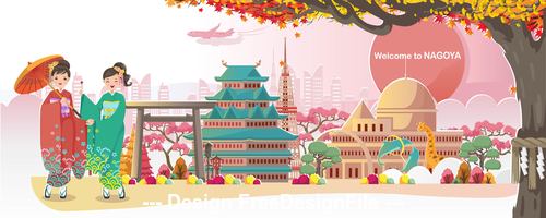 Nagoya landscape cartoon illustration vector