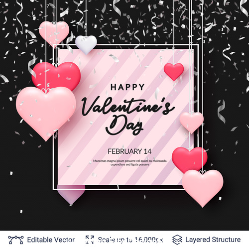 Pink heart and confetti valentines day greeting card vector
