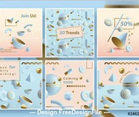 Square pastel social media layouts with abstract 3D patterns vector