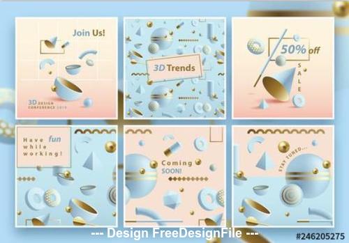 Square pastel social media layouts with abstract 3D patterns vector