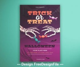 Trick or treat flyer layout with illustrated skeleton hands vector