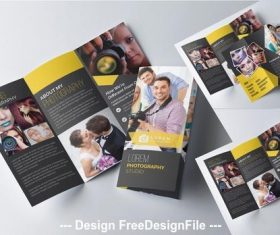 Trifold photography brochure template with dark yellow vector