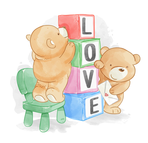 Two little bears are building blocks cartoon illustration vector