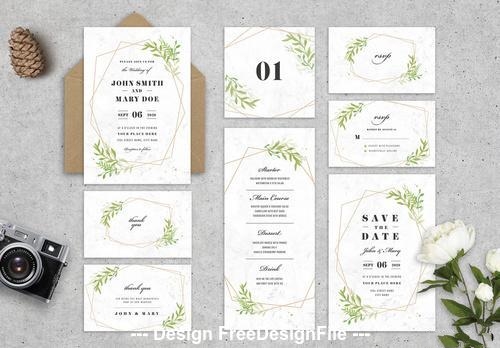 Wedding stationery with leaves and geometric shapes vector