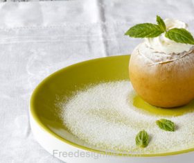 Apple Ice Cream and Green Leaves Stock Photo
