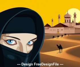 Arab woman against the palace in the desert vector