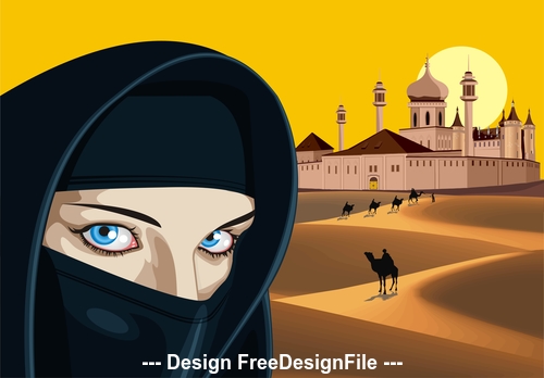 Arab woman against the palace in the desert vector