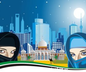 Arab women and the ancient Palace on a background of modern city vector