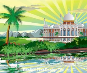 Arabic Palace on the shore of a beautiful lake with swans vector