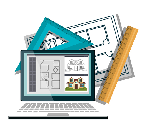 Architectural design drawings on tablet vector