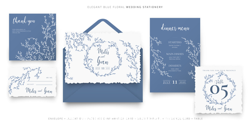Blue elegant wedding stationery vector